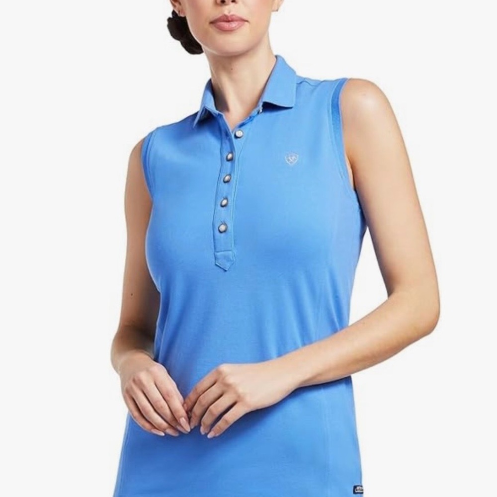 New Ariat Women's Blue Prix Sleeveless Button Down Polo Shirt in Original Bag